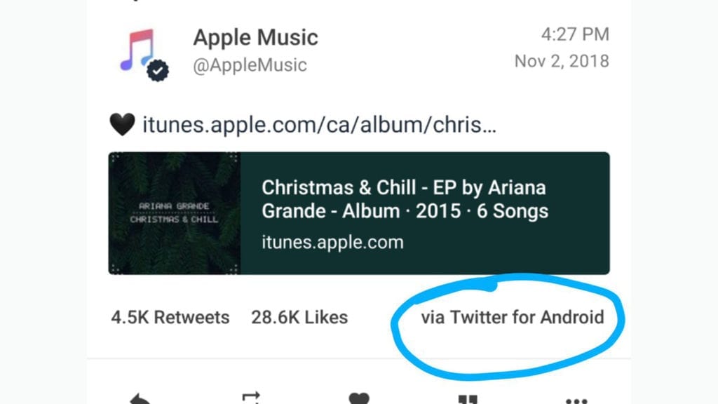 La cuenta de Apple Music tuitea desde un teléfono Android