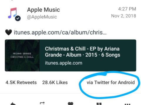 La cuenta de Apple Music tuitea desde un teléfono Android